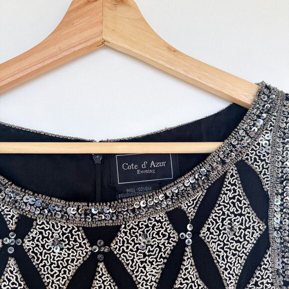 Vintage Cote d'Azur Evening Women's Black Silk Sequined Beaded Event Top Medium - Picture 2 of 6